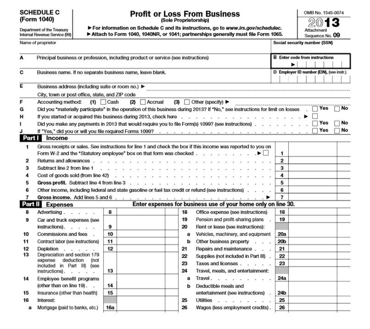 Tax Form Schedule C - Used for recording business revenue and expense