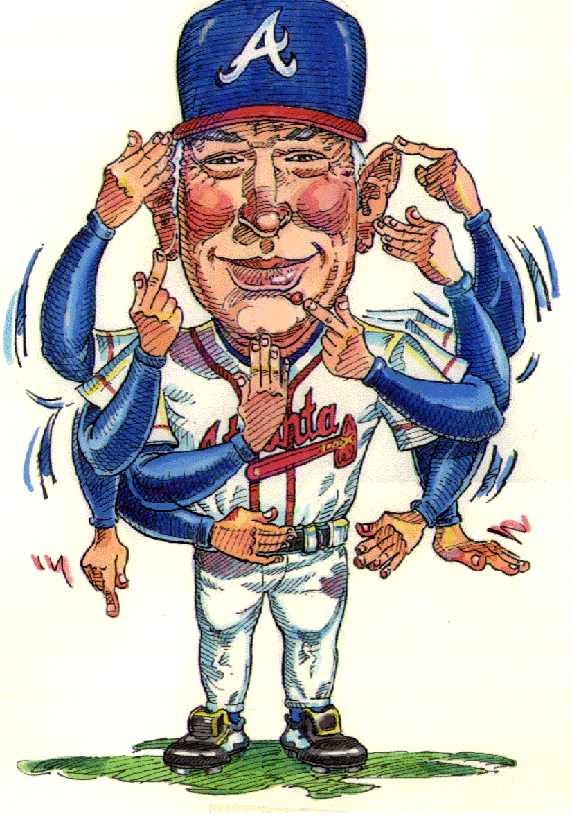 Caricature of former Braves coach Bobby Dews.   Courtesy of gtalumni.org 