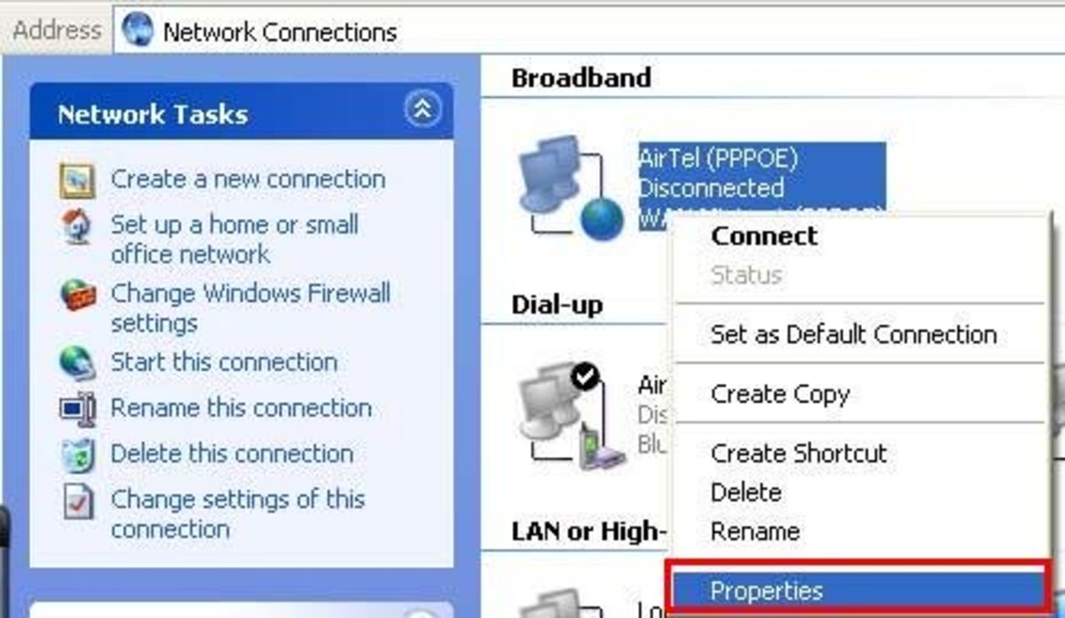Broadband connection properties selection.