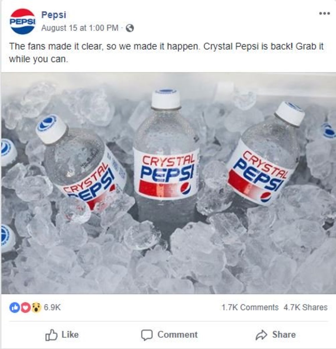 Crystal Pepsi's 2018 return announcement on Facebook.
