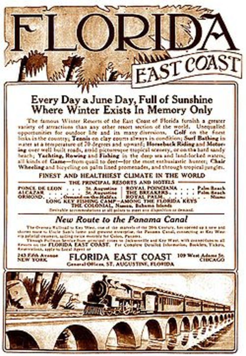 A 1913 print advertisement extols the many advantages of traveling on the Florida East Coast Railway, the "New Route to the Panama Canal."
