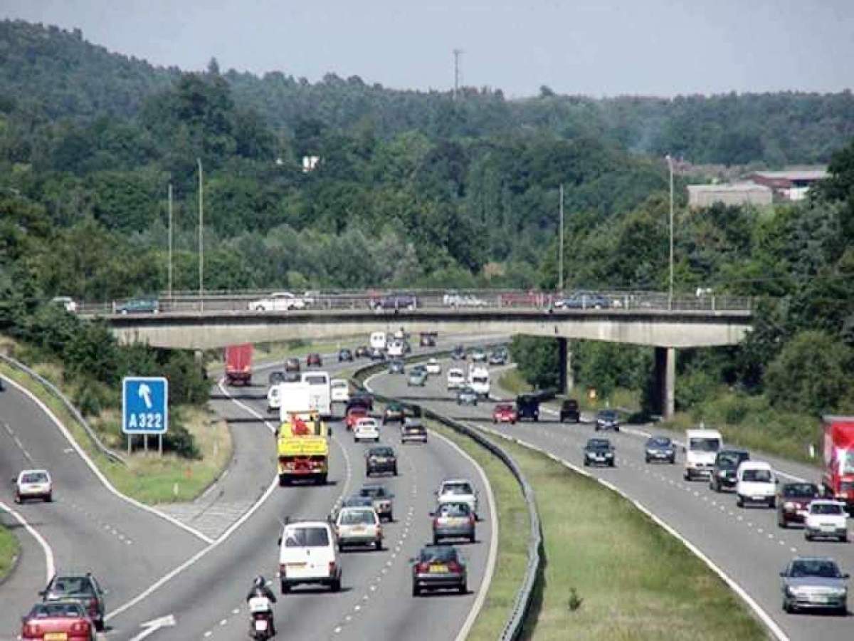 Motorway in the UK, showing left hand traffic.