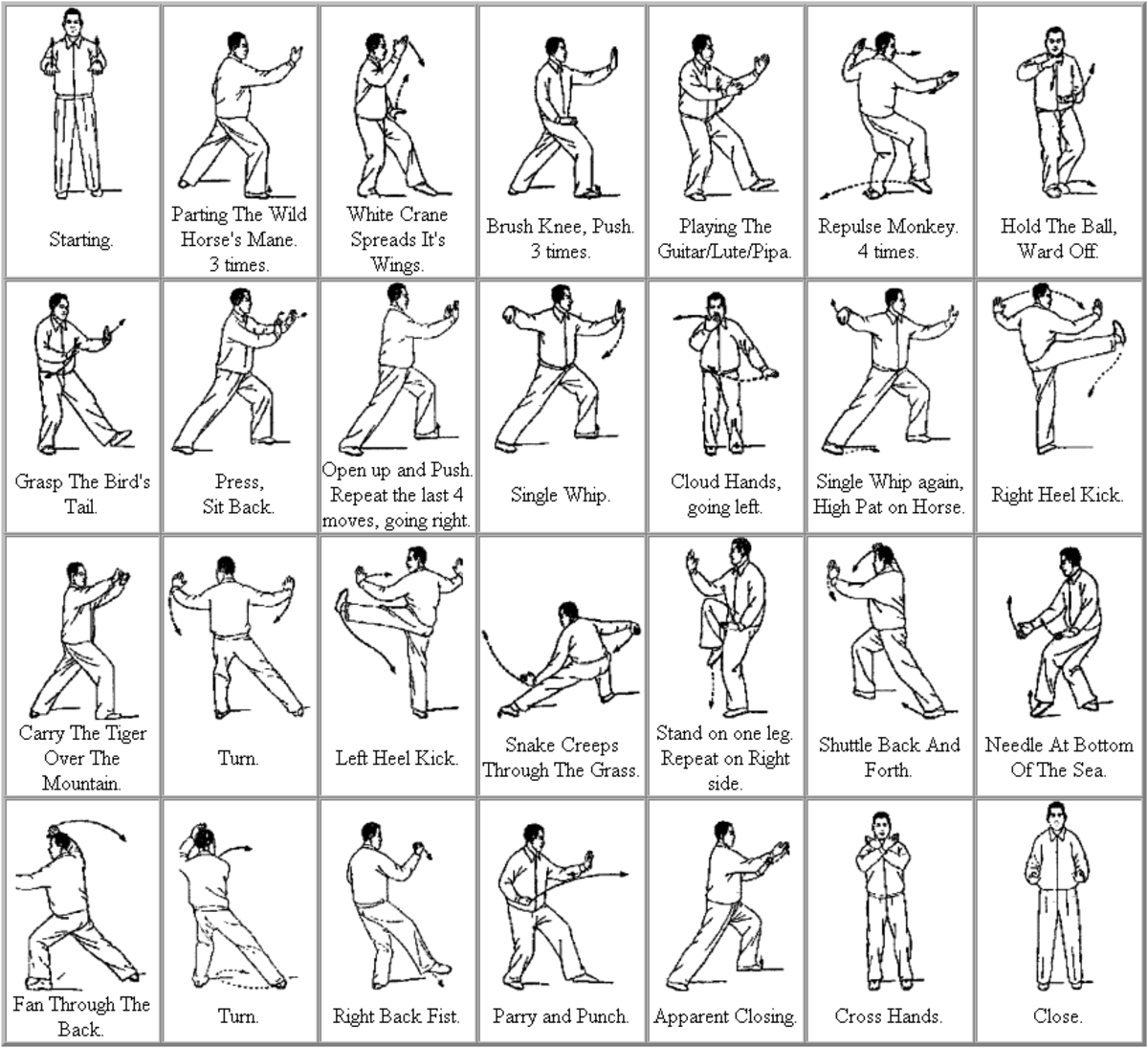 This chart shows the 24 basic movements of Tai Chi.