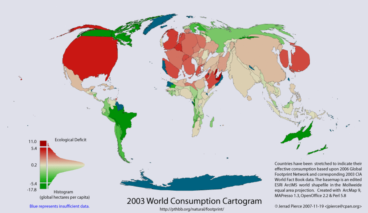 This world map shows country size based on consumption. 