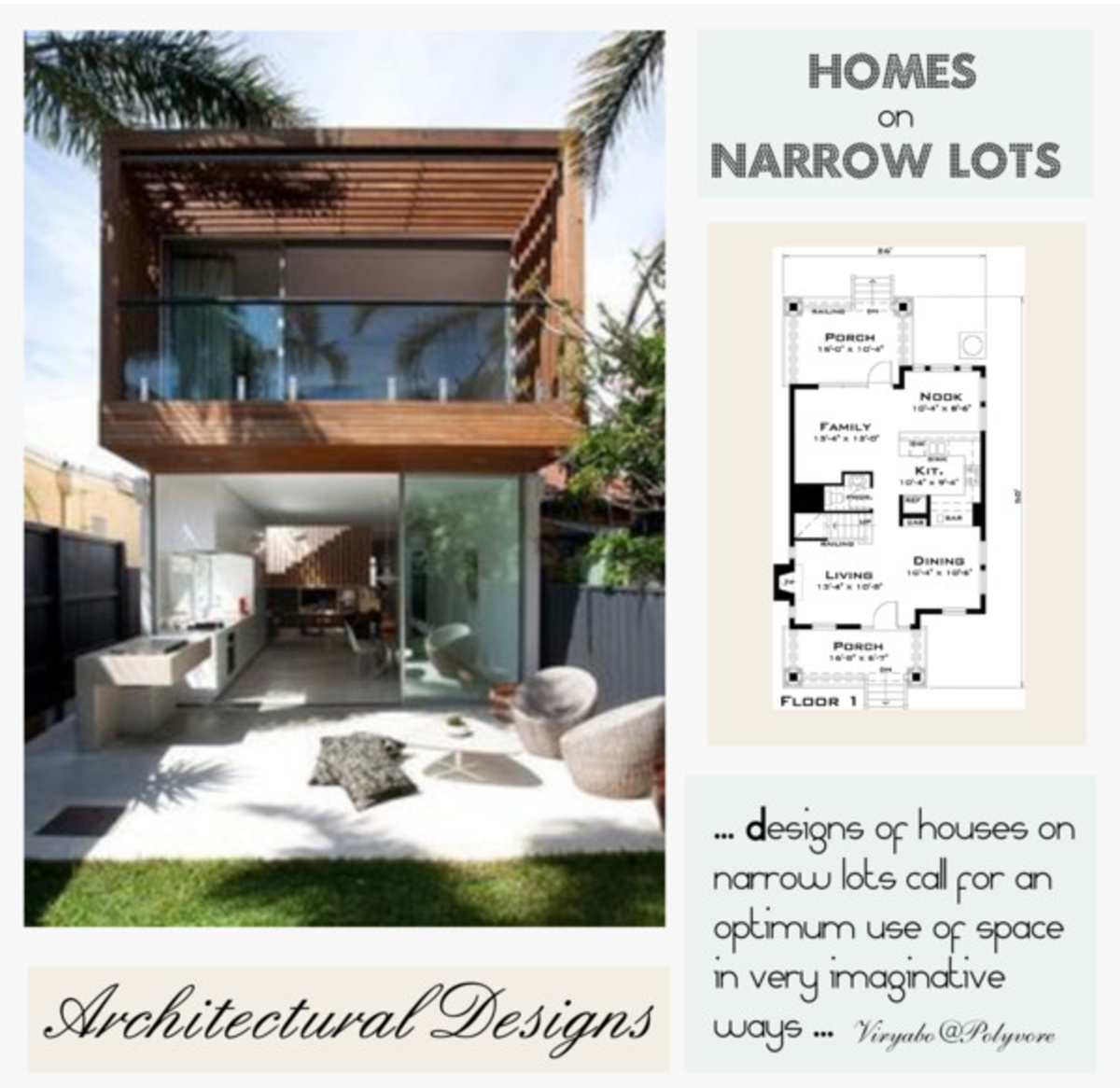 Built on a narrow lot, this modern house design is just the right size for those who want to downsize. You can find plans and blueprints for this lovely home online.