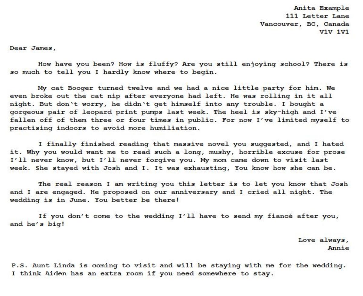 Anita Example's letter to her friends James, with proper formatting and everything. 