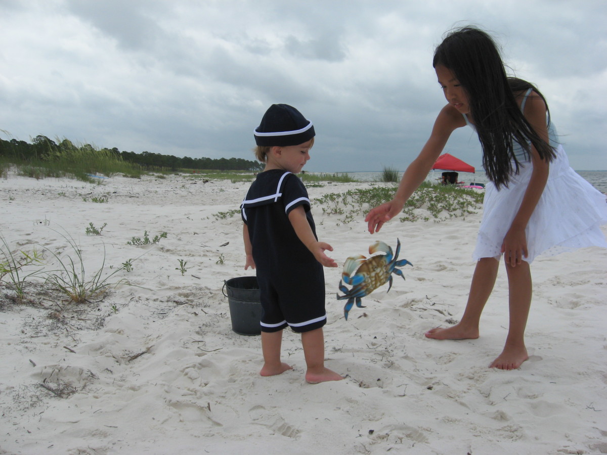 My grandson, Tristan, and niece, Madison, on a crabbing expedition. I've told them about playing with their food!