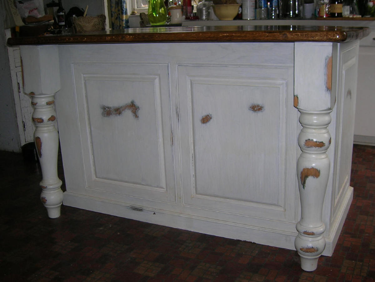 Example of a distressed finish on a kitchen island.