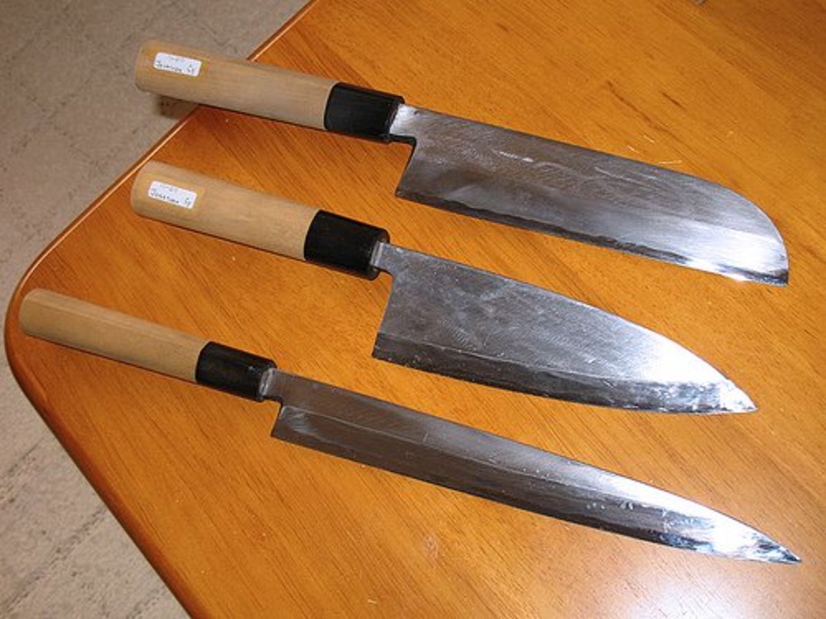 Japanese Knives, From Top: Usuba, Deba, & Yanagiba 
