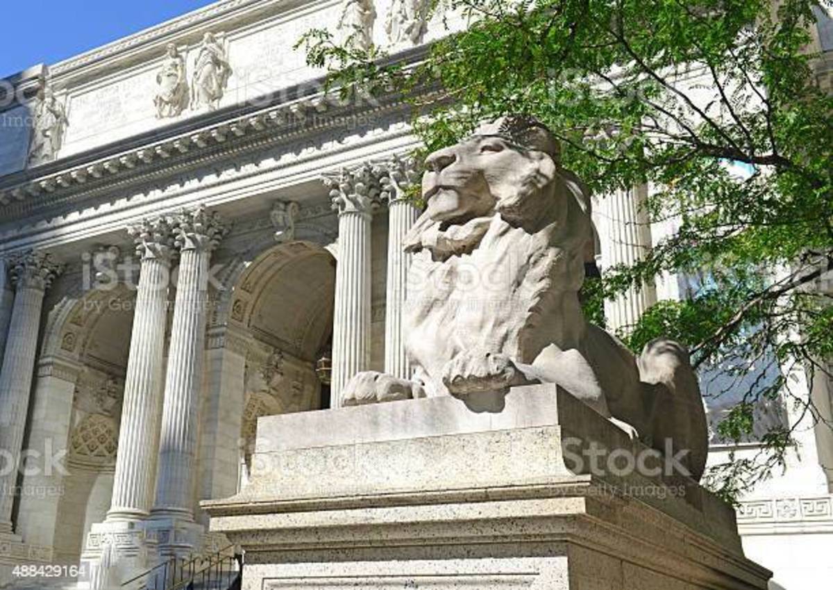 The main entrance to the New York Public Library, showing one of the famous lion sculptures