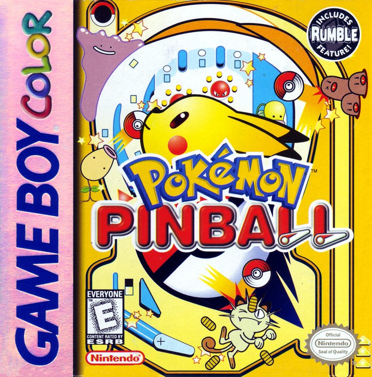 Box art for "Pokémon Pinball." Notice the label pointing out the rumble feature. Switch has rumble, no?