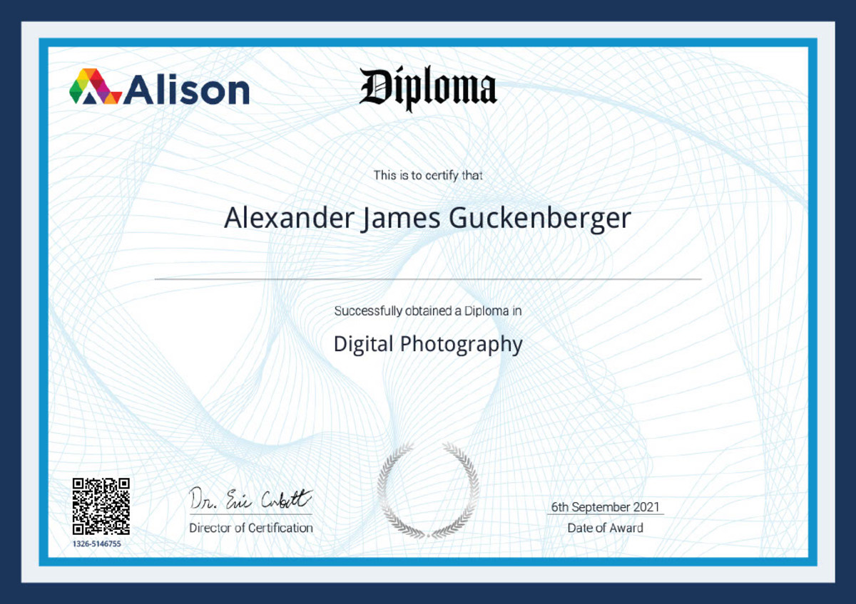 This is a copy of my diploma in digital photography.