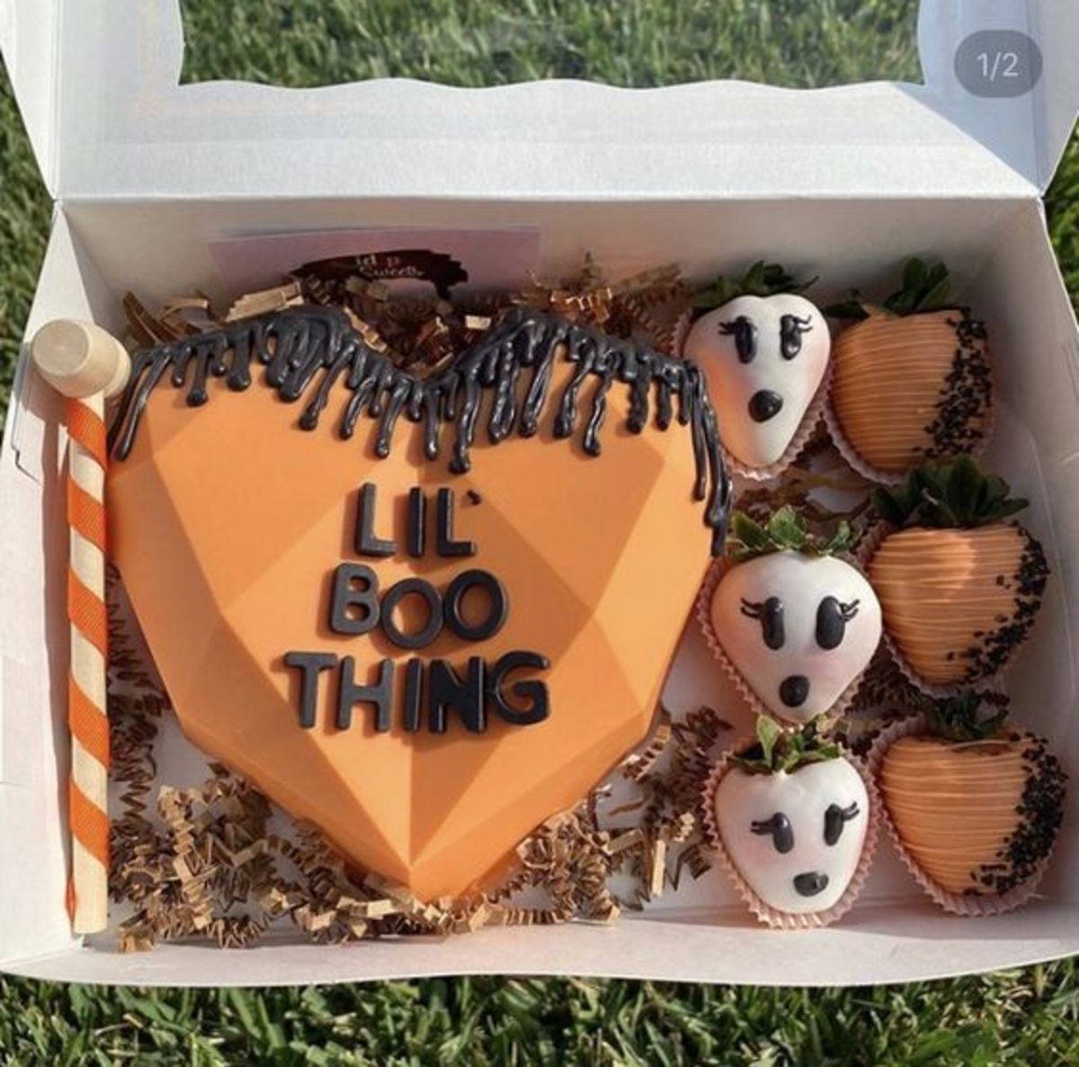 "Lil Boo Thing" Geometric Heart Cake and Dipped Strawberries