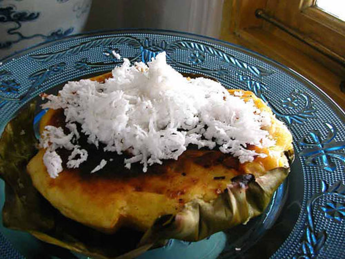 This bibingka uses chicken and duck eggs and is topped with a mild white cheese and coconut.