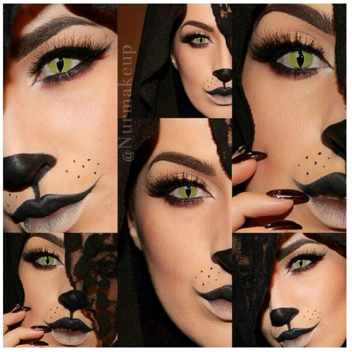 Sexy halloween makeup cat theme with cool green contacts
