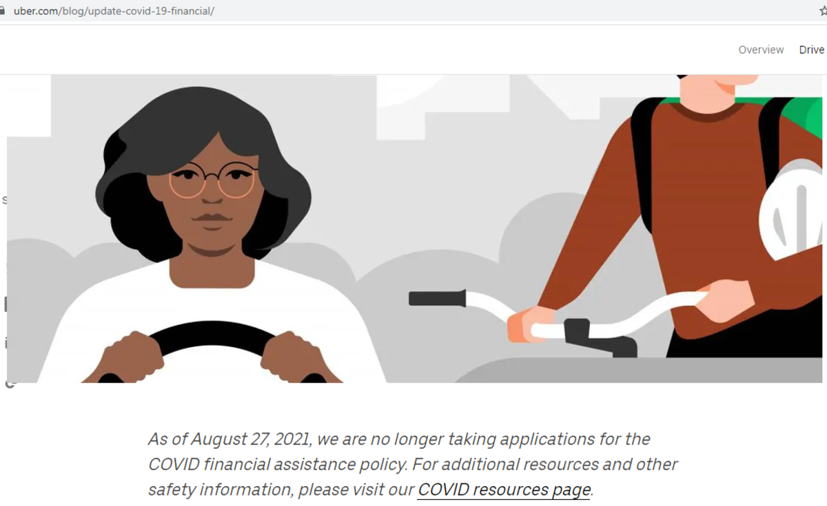 Uber's Covid-19 Financial Assistance page has been updated to include a message indicating that Uber will no longer be providing financial assistance to drivers that are infected with the Covid-19 virus and are forced by Uber to quarantine.