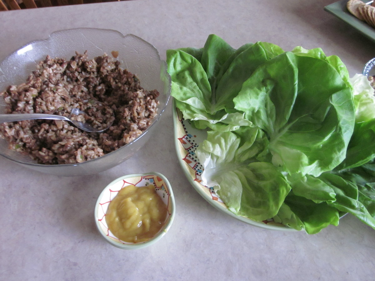 Chicken marinade mixture, Boston lettuce leaves and Chinese hot mustard 