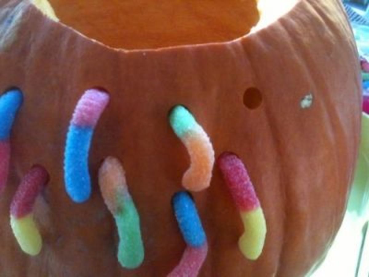 Details of gummy worm holes in the jack-o-lantern