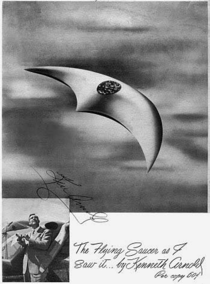 Artist's rendition of Kenneth Arnold's 1947 sighting of Unidentified Flying Objects, later misidentified as "Flying Saucers" by American newspapers.