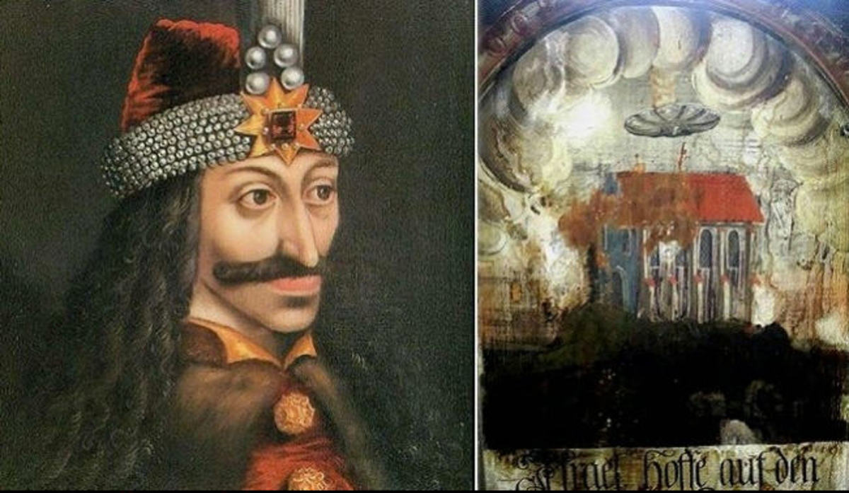 Found recently in a Transylvanian monastery, this painting of a UFO-tpe object was painted during the time of the infamous Count Vlad Dracula (who lived 1426 - 1477). The painter is unknown.