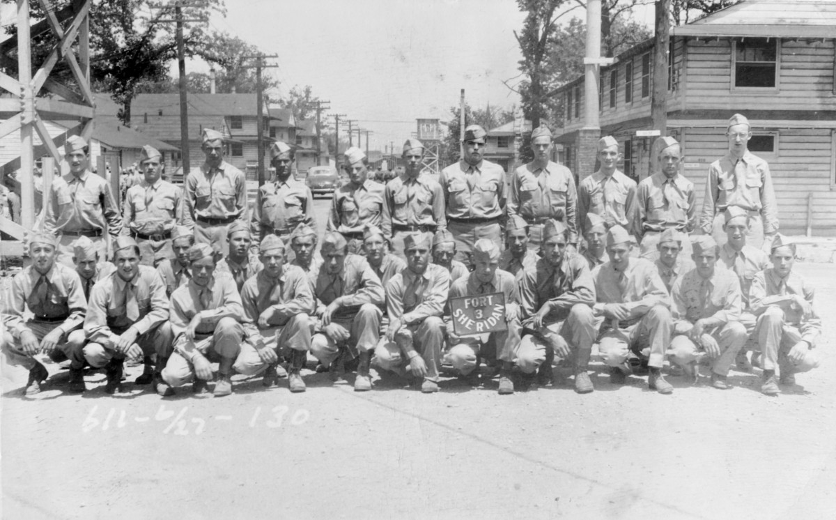 Basic Training Fort Sheridan, Highwood, Illinois 1947 (Kingsley Zerbel, my dad, front row far left)