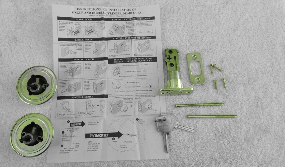 A complete deadbolt lock set with instructions.