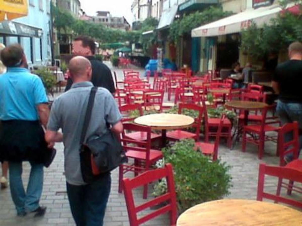 pedestrian streets, tables & chairs outside tbilisi KGB restaurant (on the right)