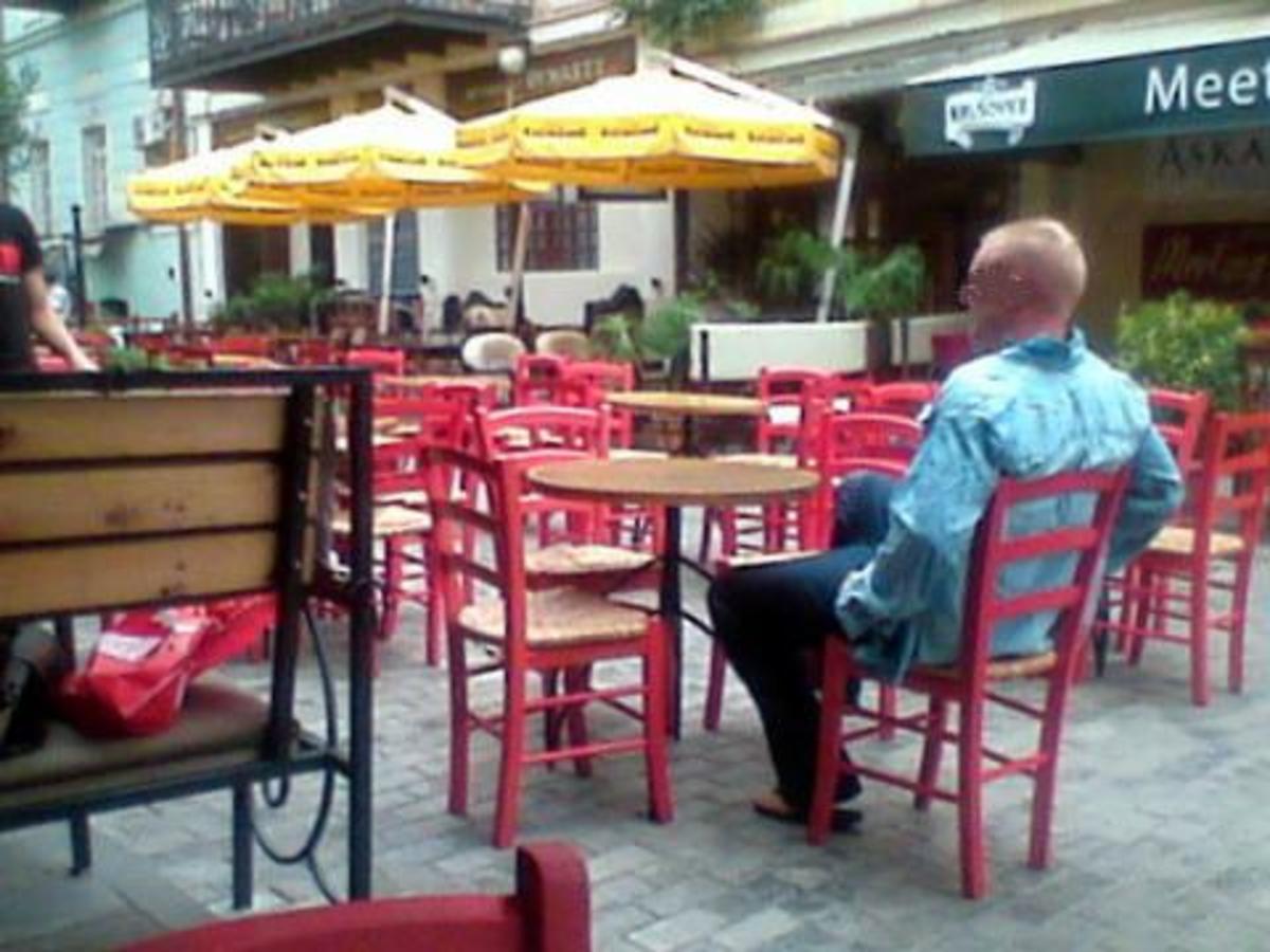 sitting outside tbilisi KGB restaurant
