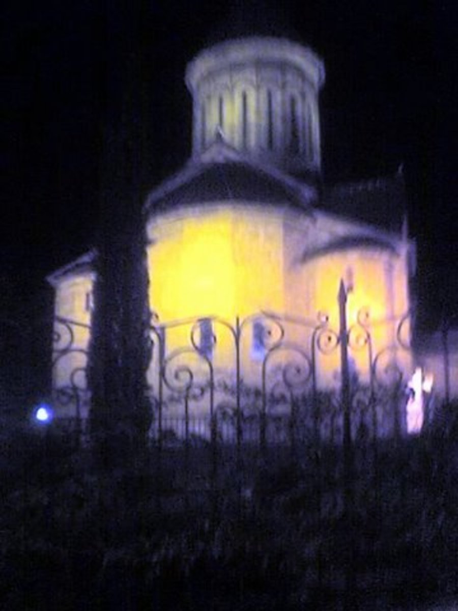 floodlit church by night - georgia is largely orthodox