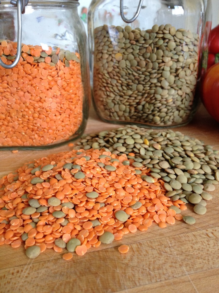 Lentils come in a variety of colors; we buy them in bulk and store them in airtight Fido jars.
