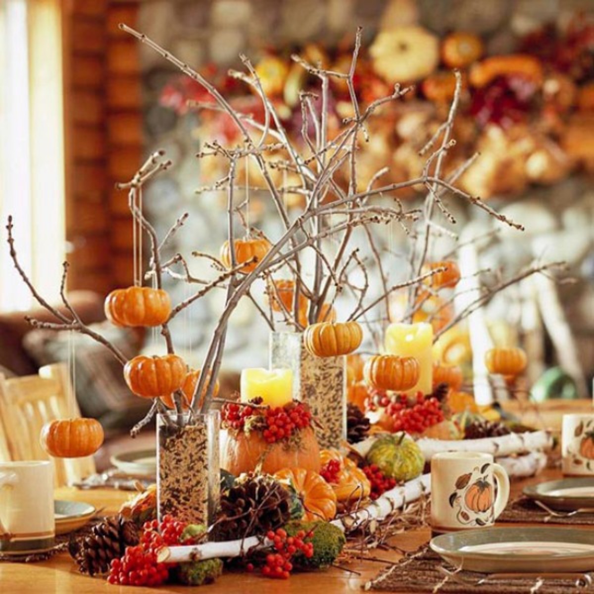 Vases filled with whimsical "pumpkin trees" are eye-catching.