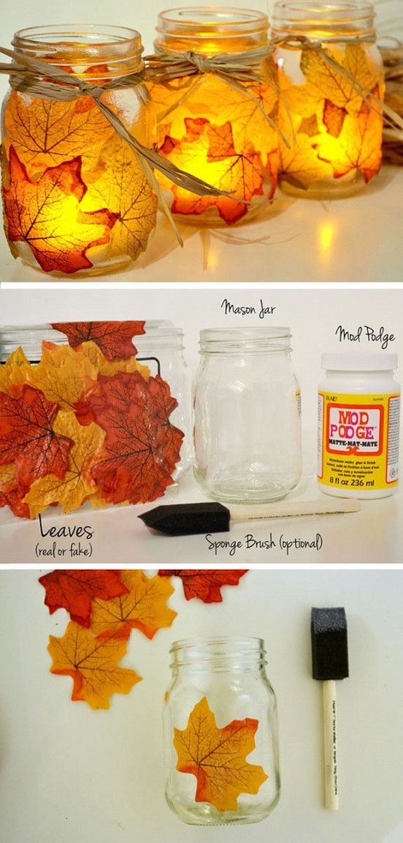 Make candle holders by using autumn leaves, mason jars, and mod podge.