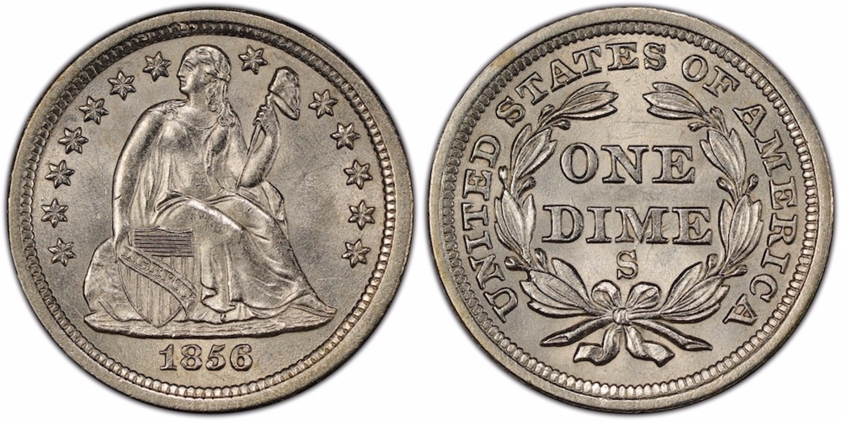 1856-S Seated Liberty dime. Note the similarity of the reverse of this coin to the reverse of the Barber dime.