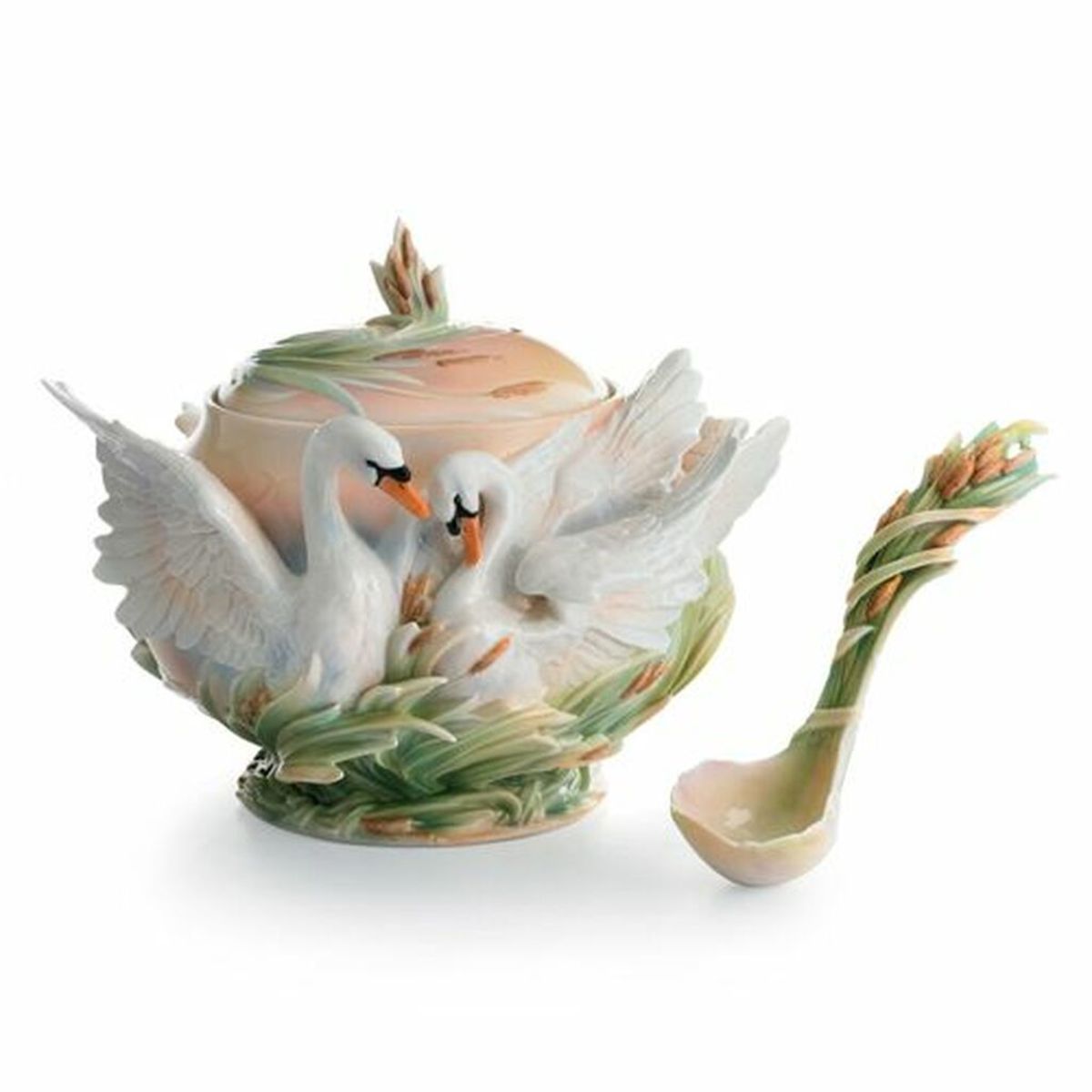 Graceful swans decorate this soup serving piece. Franz Porcelain "Swan Lake" tureen