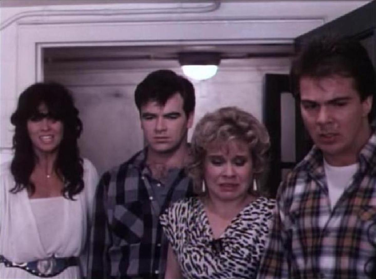 Finding yet another dead classmate are Carol (Caroline Munro) Frank (Billy Hartman) Stella (Donna Yeager) and Joey (Gary Martin)