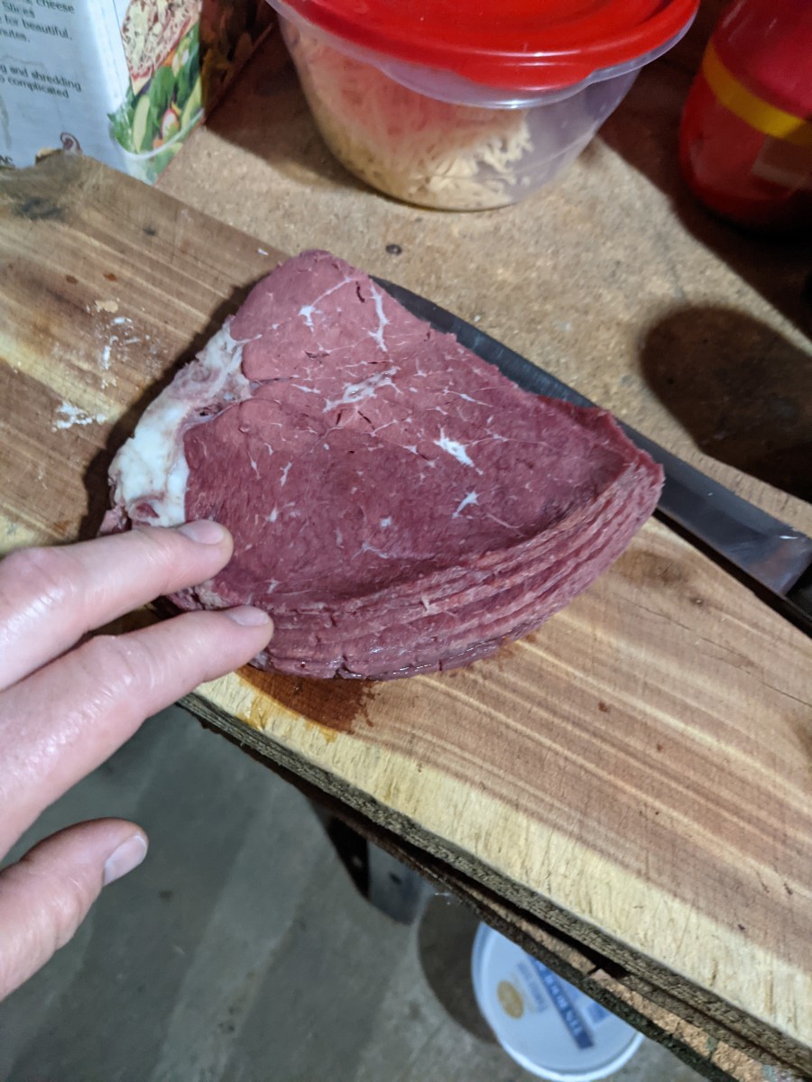 Inch high stack of sliced corned beef