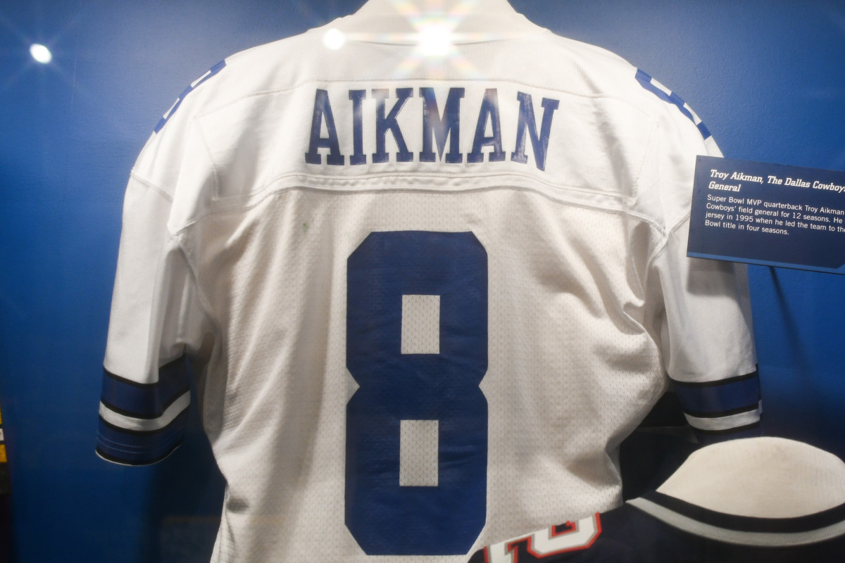 Dallas Cowboys quarterback Troy Aikman was the Super Bowl MVP in 1992, and a jersey of his is seen above as displayed in the Hall of Fame.