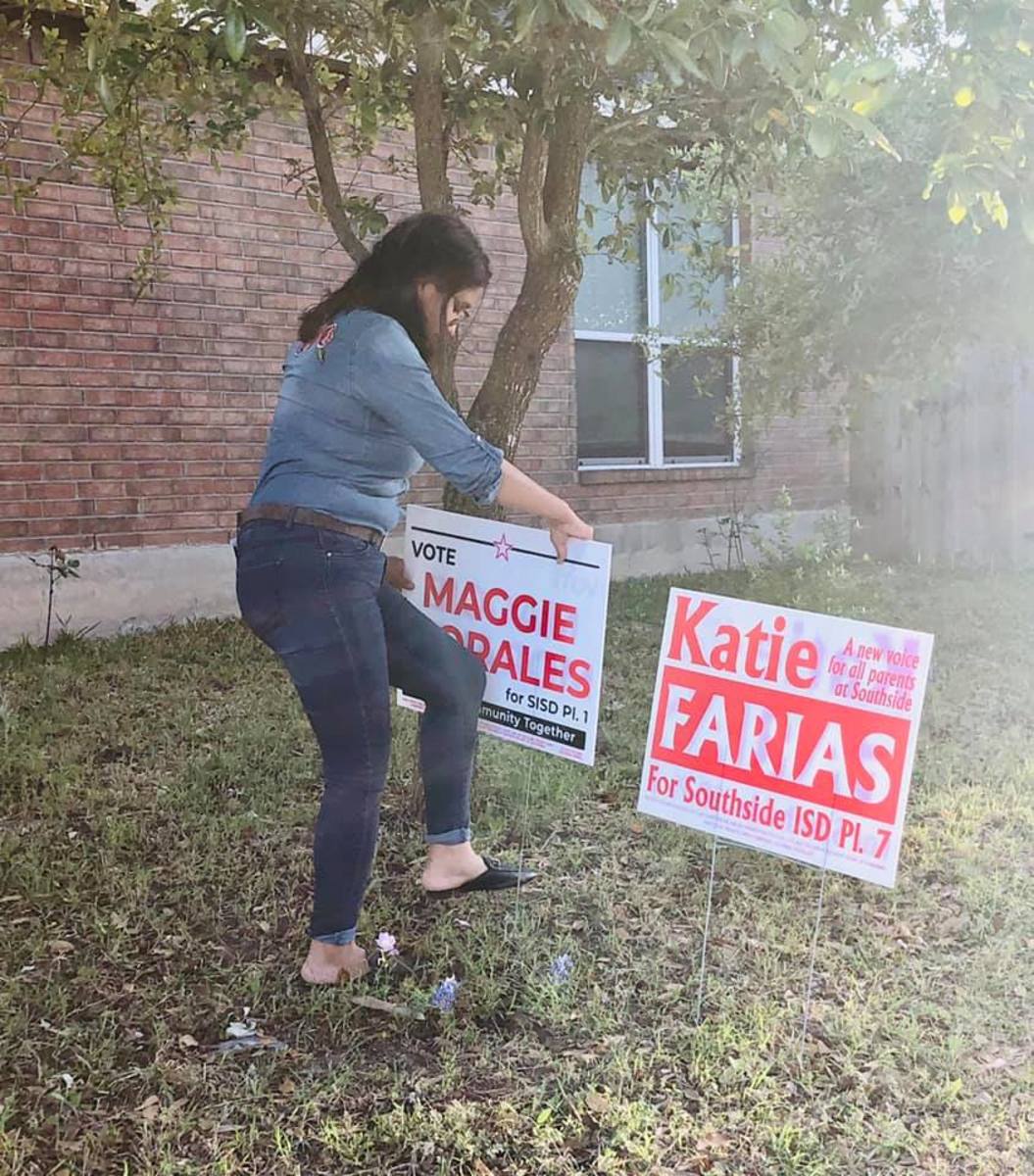 Maggie Morales and Katie Farias, keeping it together. Southside ISD school board candidates.