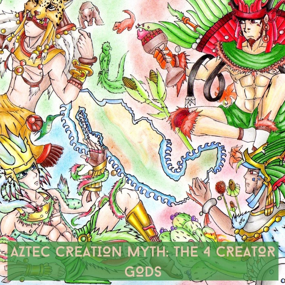 The 4 creator gods of the new world: Huitzilopochtli (lower right corner) Quetzalcoatl (lower left corner) Xipe Totec (upper right corner) Tezcatlipoca upper left corner.