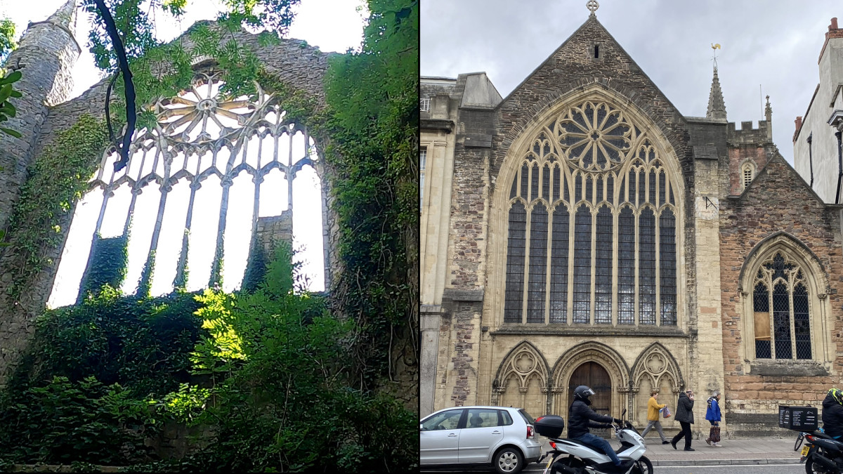 Left: Original 13th century frontage to the Lord Mayor's Chapel, now standing as ruins of a Victorian folly in Sheep Woods.   Right: the replica frontage built in the 1820s during major renovation works.