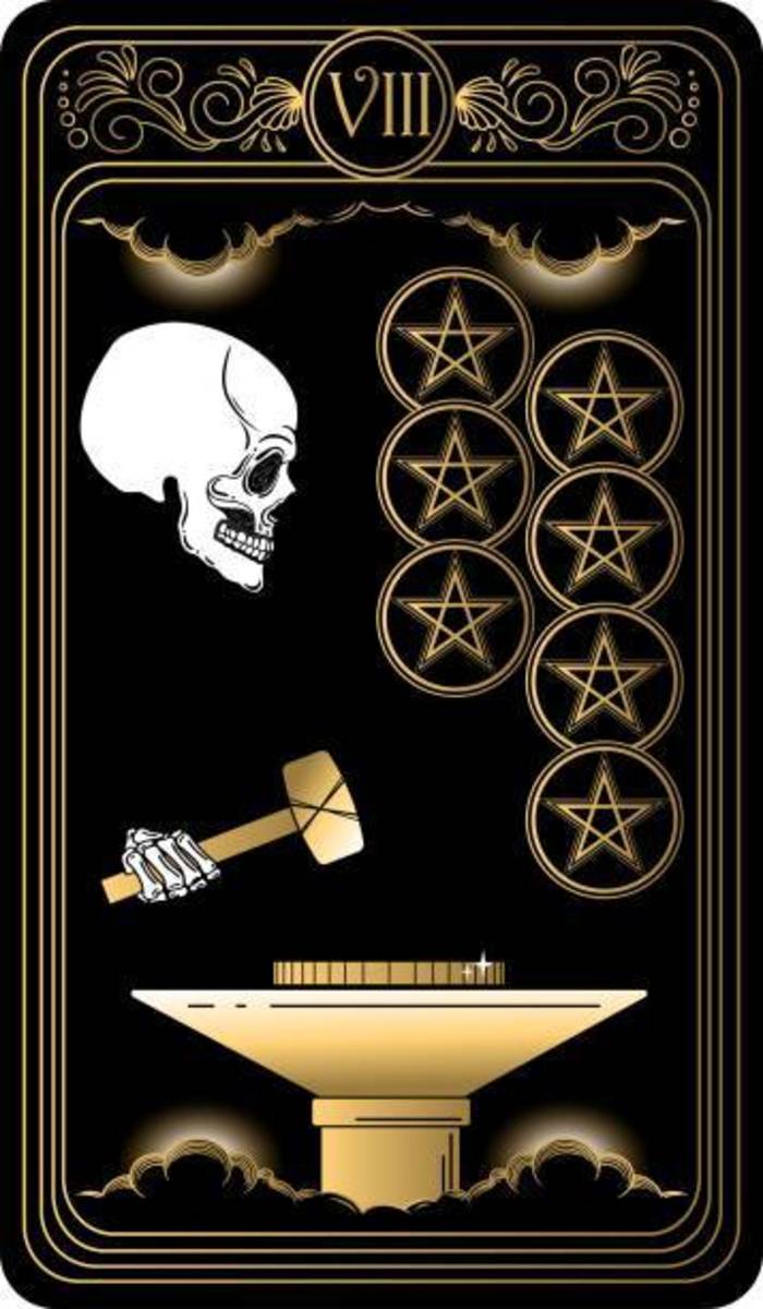 The Eight of Pentacles reveals that you have dedication. You're in a good rhythm with your work. Nothing is going to stop you from accomplishing your task.