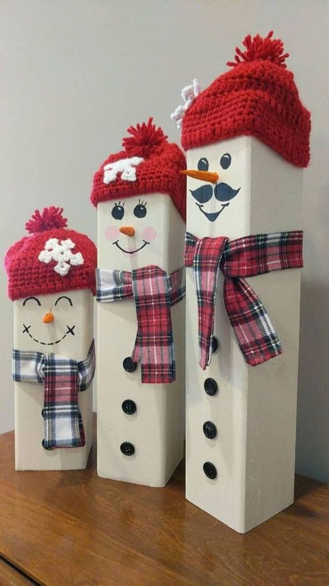 Wooden Block Snowmen With Funny Faces