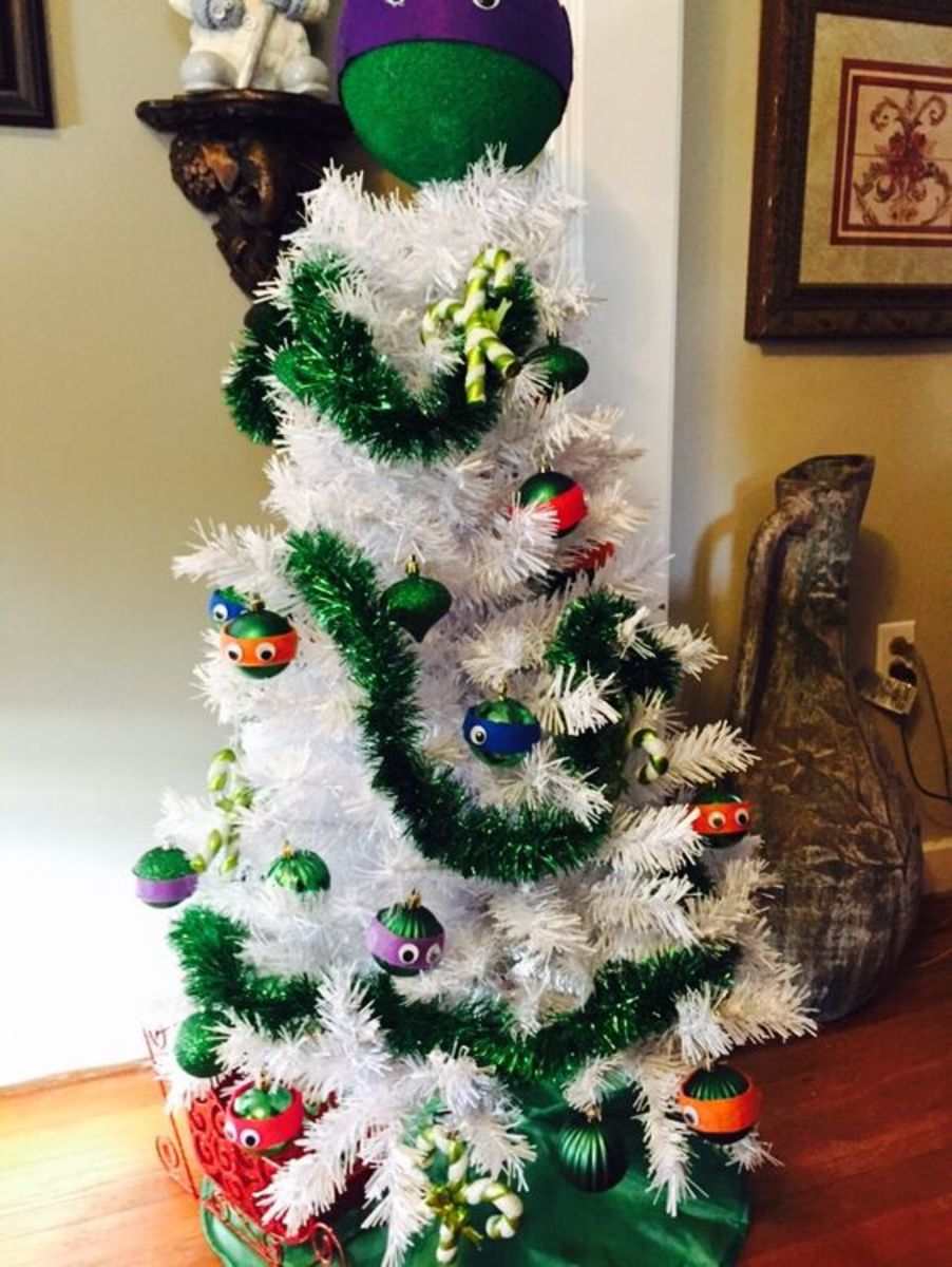 Green Ninja Turtle Tree (Have your children glue the felt and googly eyes onto the green ornaments!)