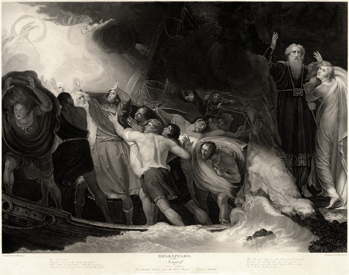 An engraving of Act I, Scene I of The Tempest by William Shakespeare, created by Benjamin Smith in 1791and based on a painting by George Romney.