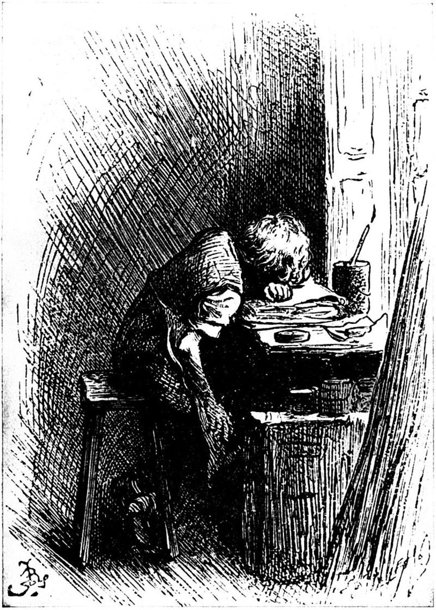 An artist's impression of an exhausted Charles Dickens asleep at his work bench.