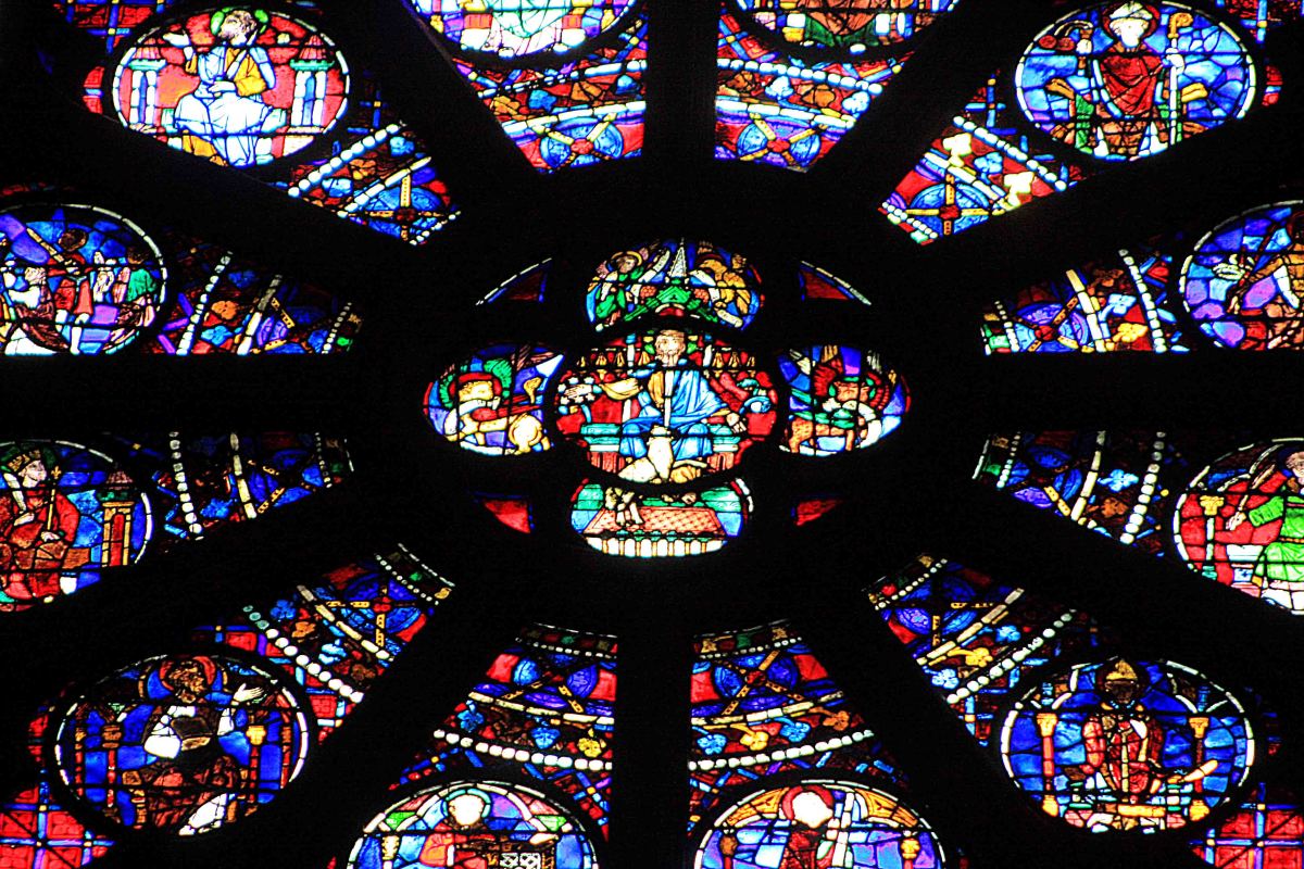 The central detail of the stained glass of Notre-Dame's great south rose window