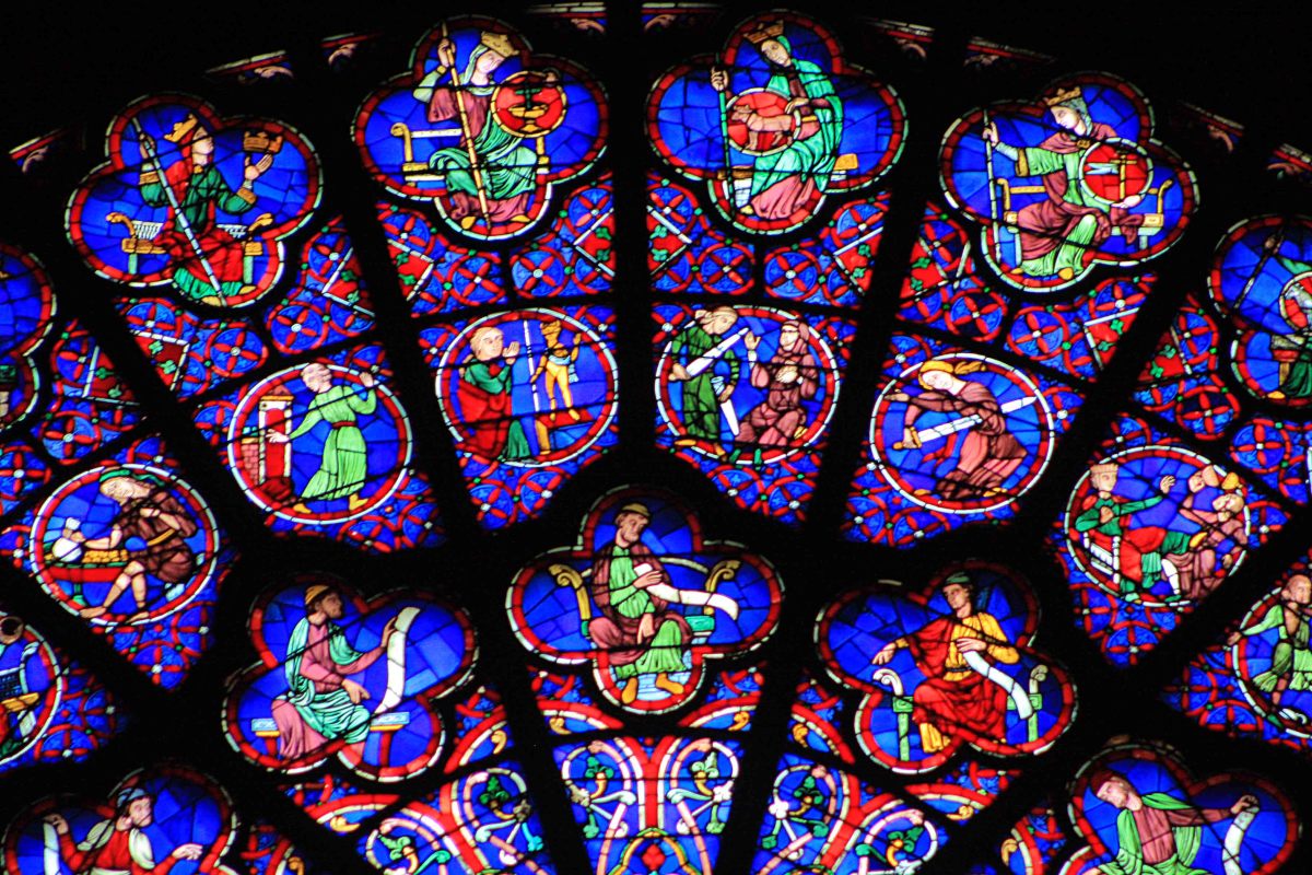 The brilliantly coloured stained glass windows of Notre Dame