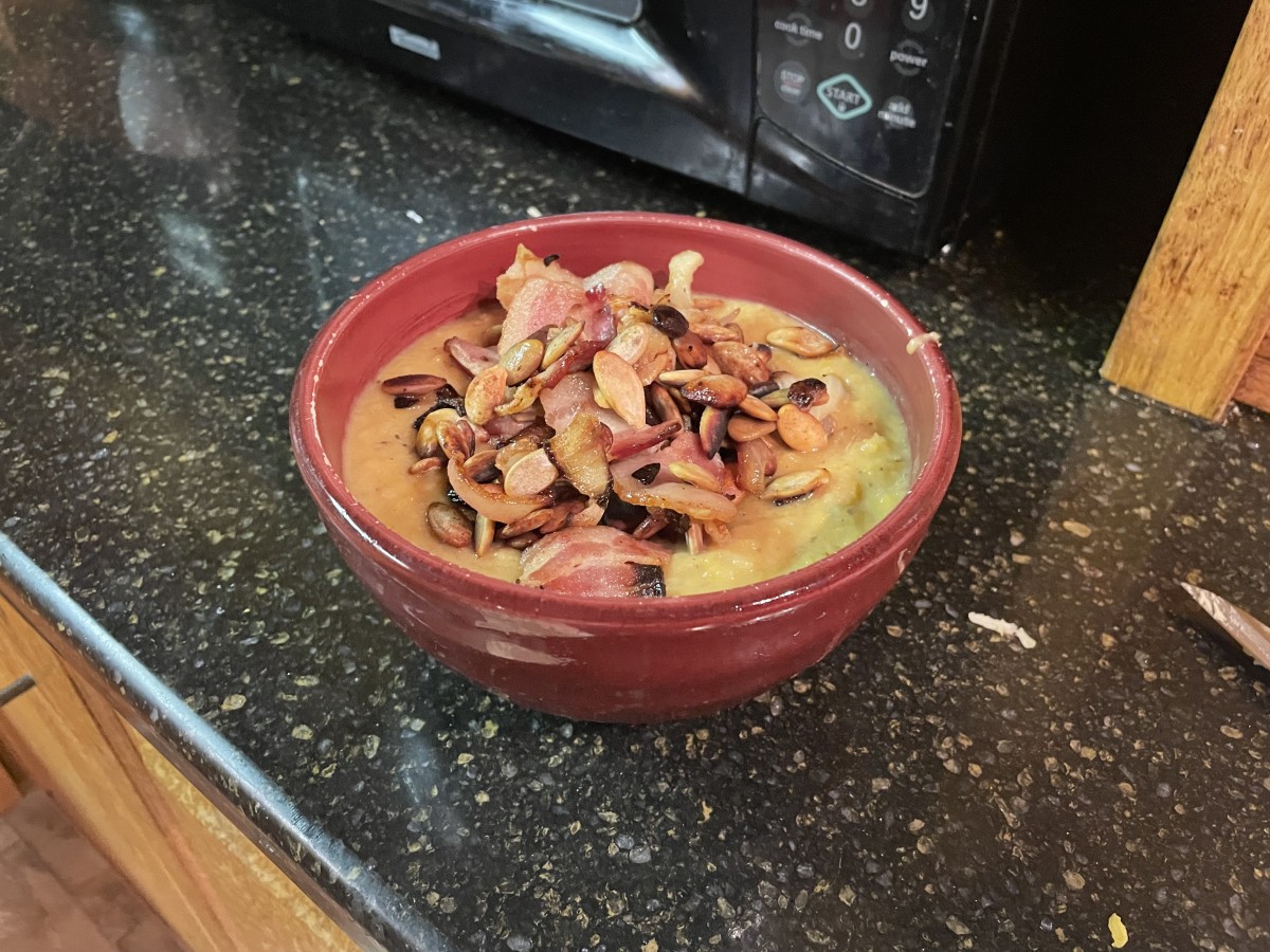 Creamy, savory pumpkin soup with bacon and red bean paste