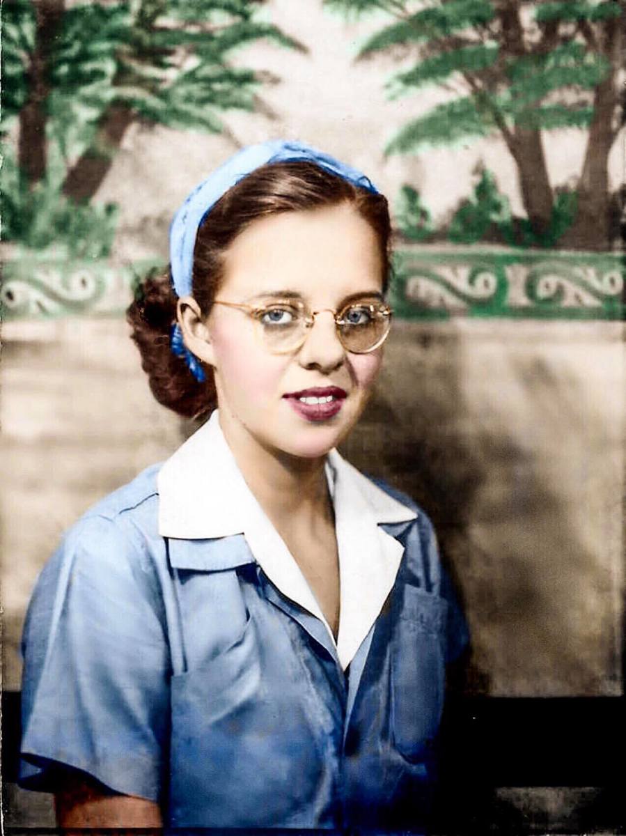 Here's Gail in her uniform for working at Boeing Aircraft during the war. 