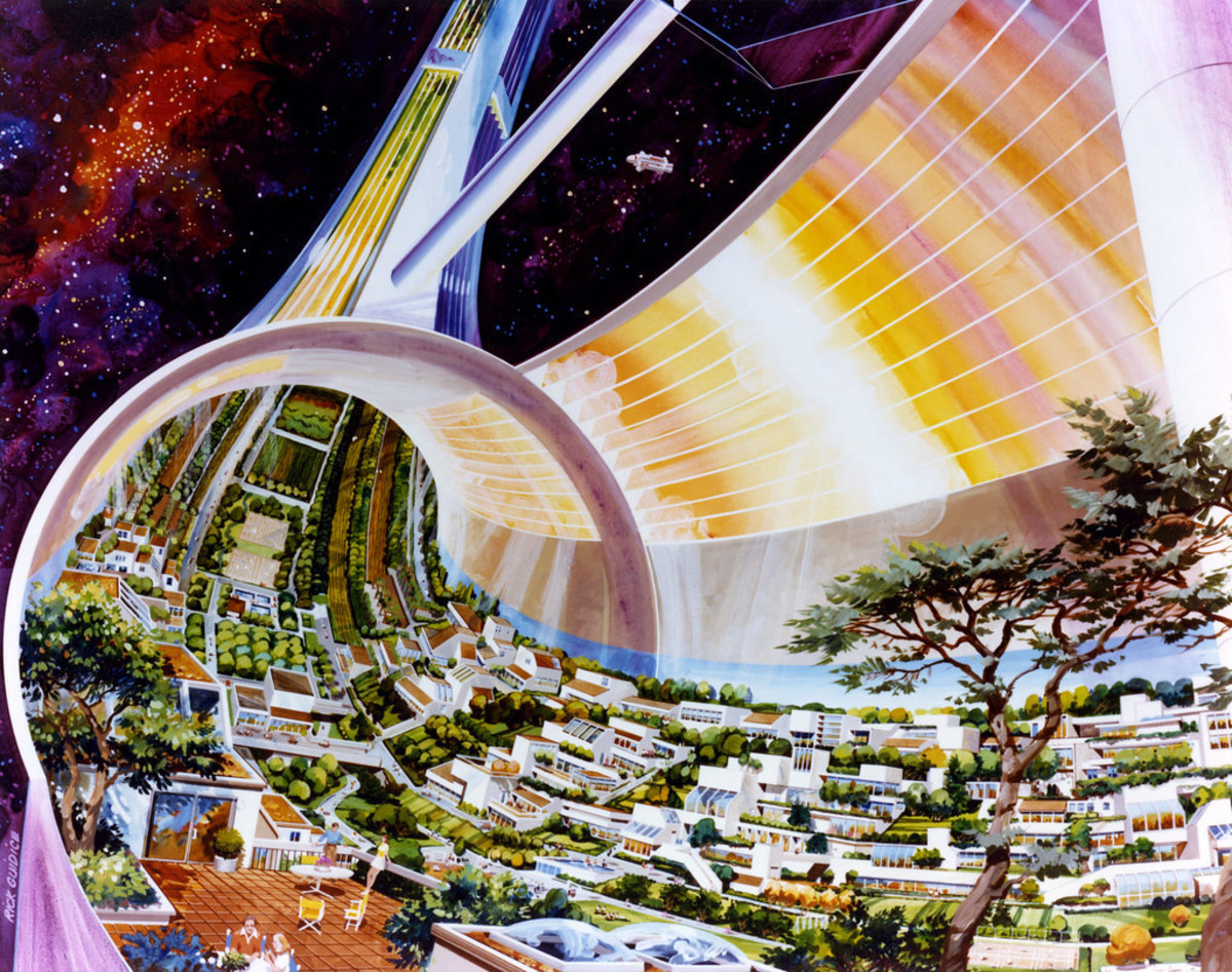A 1970s artistic representation of a large rotating space colony or space station.